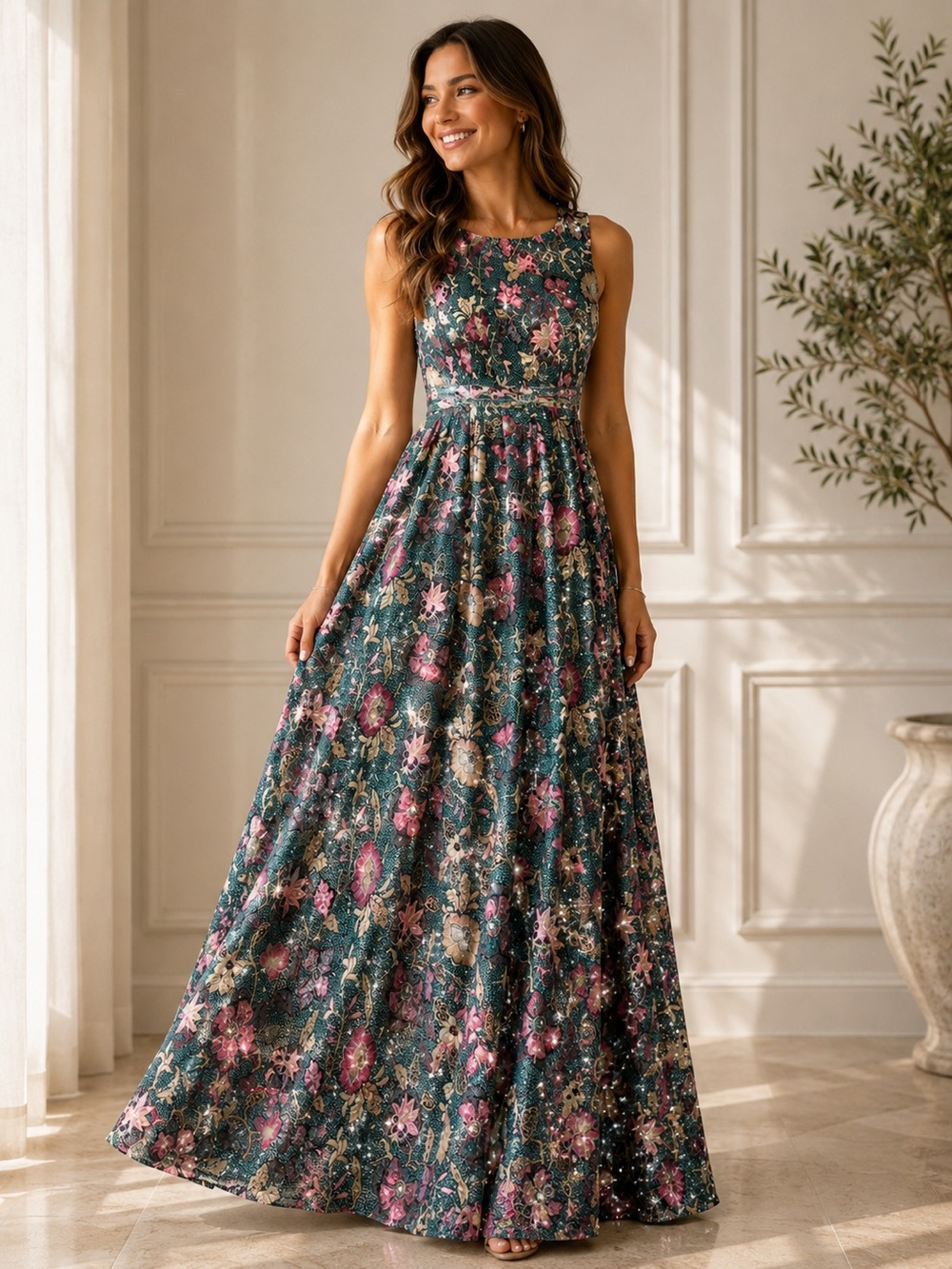 Dress Forum Los Angeles Teal Maxi Floral Sequin Dress Size M MSRP $98